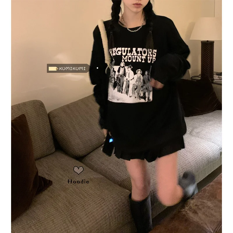 

Autumn Boyfriend Style Oversize Long Sleeve Letter Print Black Loose Pullover Hoodless Women's Sweater