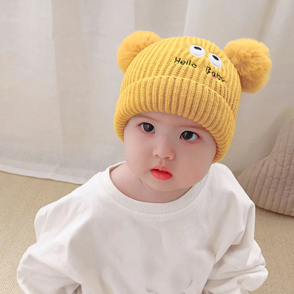 Newborn Infant Hat Baby Boys Girls Winter Warm Cotton Knit Crochet Letter Print Pompon Beanie Cap For 0-2 Years Kids Hats | Детская