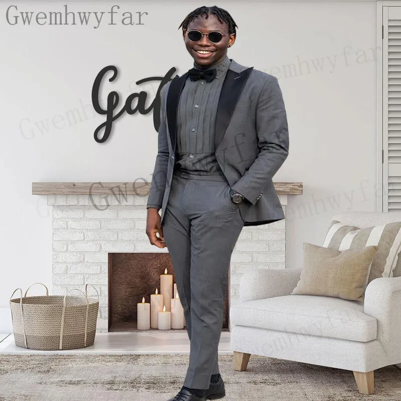 

Костюм Gwenhwyfar мужской серого цвета на весну/осень, официальный свадебный смокинг, блейзер с лацканами черного цвета, 2 предмета на заказ