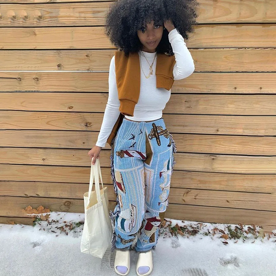 

ANJAMANOR Chic Printed Tassel Hip Hop Streetwear Carpet Pants Women Summer Trousers Casual Wear Y2k Aesthetic Bottoms D87-CF38