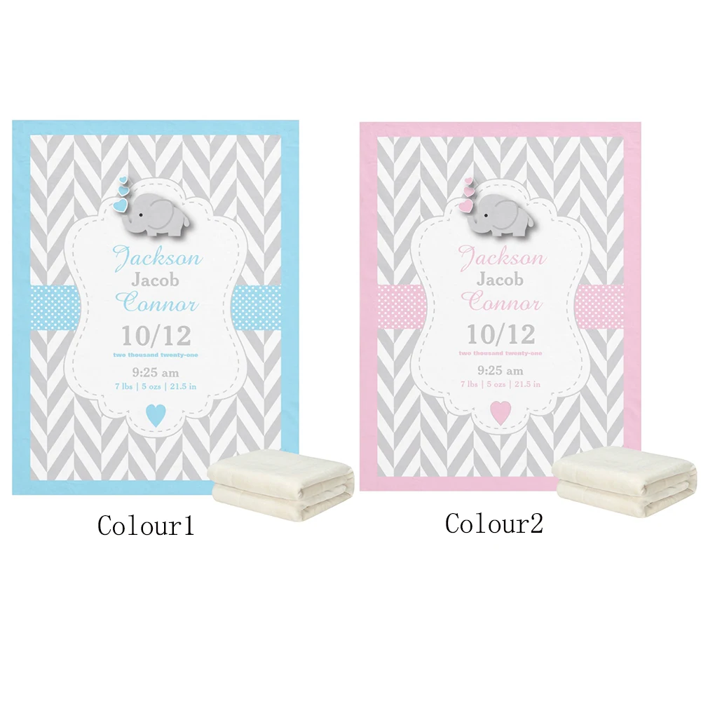 

LVYZIHO Custom Blue / Pink Elephant Birth Keepsake Design Boy / Girl Baby Blanket - 30x40/48x60/60x80 Inches - Fleece Blanket