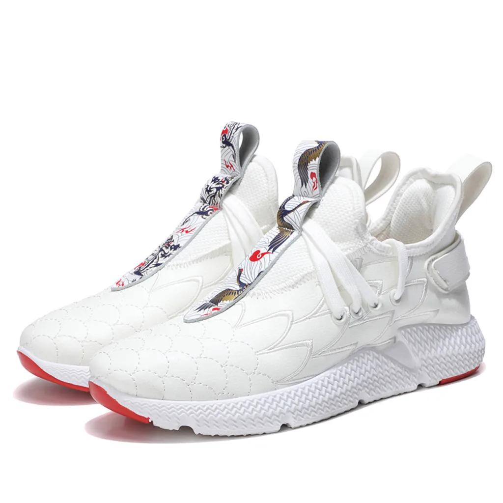 Кроссовки для шитья мужские большого размера китайского стиля с зернистым рисунком птицы моды для повседневной носки на улице белого цвета Z30726.