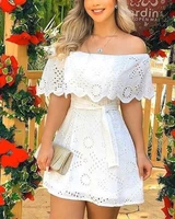 summer women elegant slim fit fold bodycon party casual dress off shoulder hollow out lace mini dress