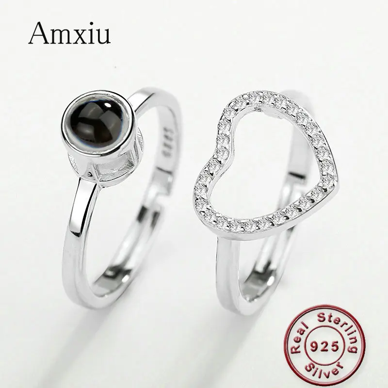 Кольцо с проекцией Amxiu два в одном, 100 языков, я люблю тебя, искусственное серебряное кольцо, регулируемое кольцо с сердцем, циркониевое кольцо, Открытое кольцо