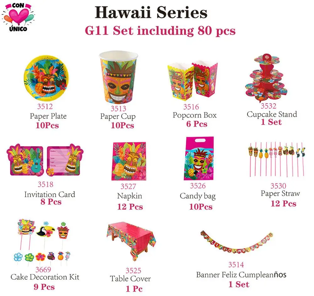 CONUNICO Birthday Tropical Party Photobooth Props Supplies Invitation Card Garland Surprise Bag Hawaii Aloha Summer HI3535 |