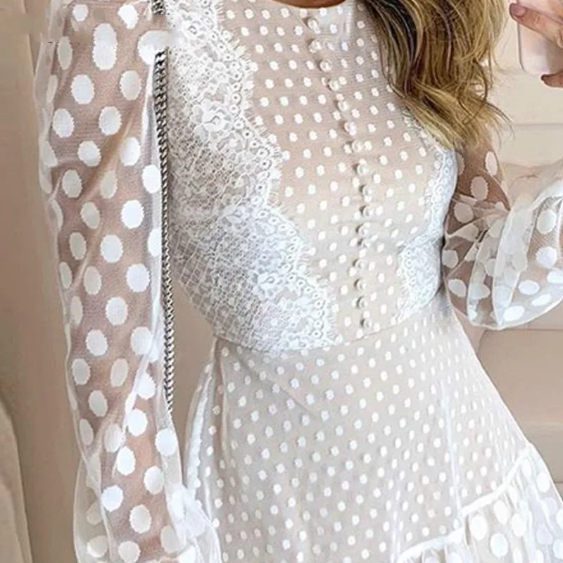 

New women's 2021 polka dot stitching lace long sleeve dress women