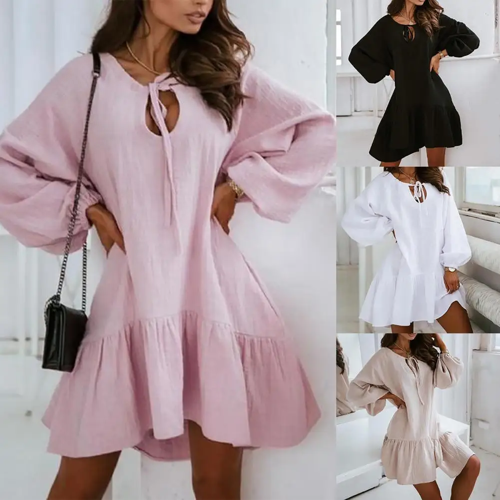 

Women Solid Color Dress Long Puff Sleeve Tie-up Cotton Flax Spring Summer Sexy Hollow Out Ruffle Party Dress for Vacation 2021