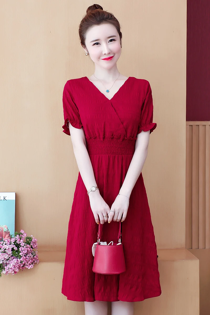 

COIGARSAM 5XL Plus Size Women one-piece dress korean Summer V-Neck Dresses 9123