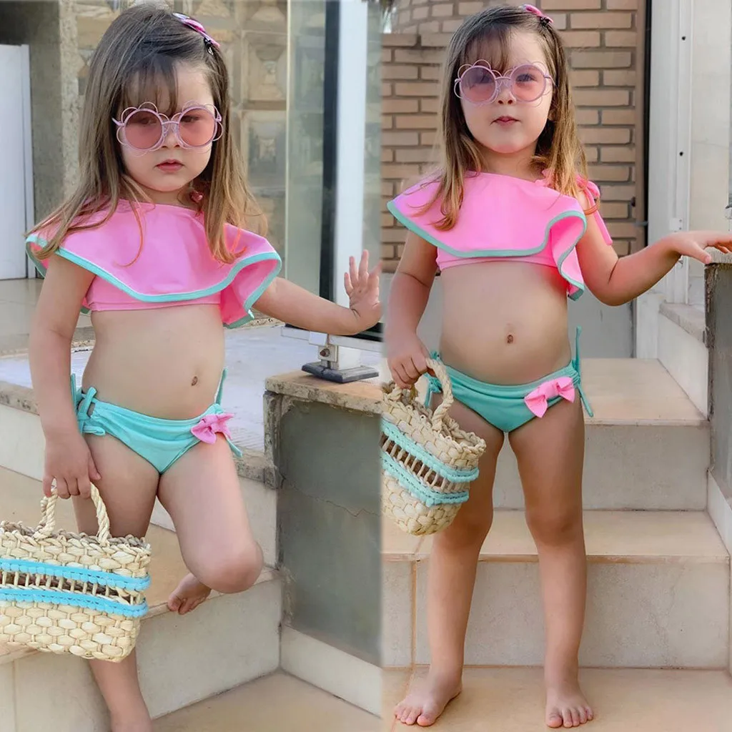 

Summer Kids Swimsuit Baby Swimwear Girl Beach Bow Bathing Suit Ruffles Two Piece Solid Bikini Outfits Children Swim Wear Clothes