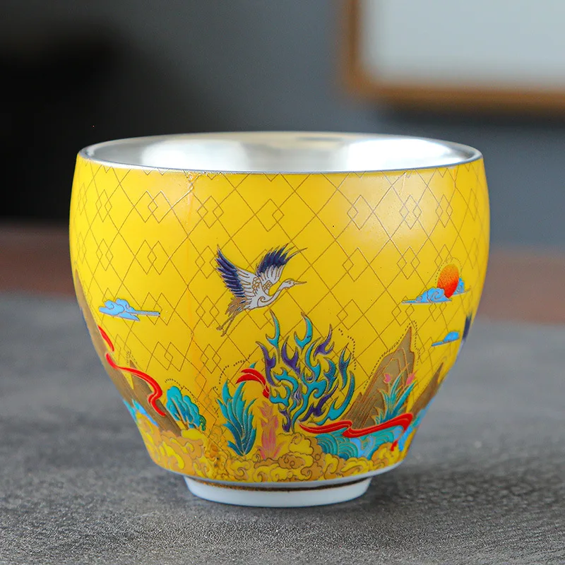 

999 Pure Silver Tea Cup Kung Fu Tea Cup Enamel Ceramic Tea Cup Handmade Gilt Silver Cup Master Cup Single Cup Gift Box