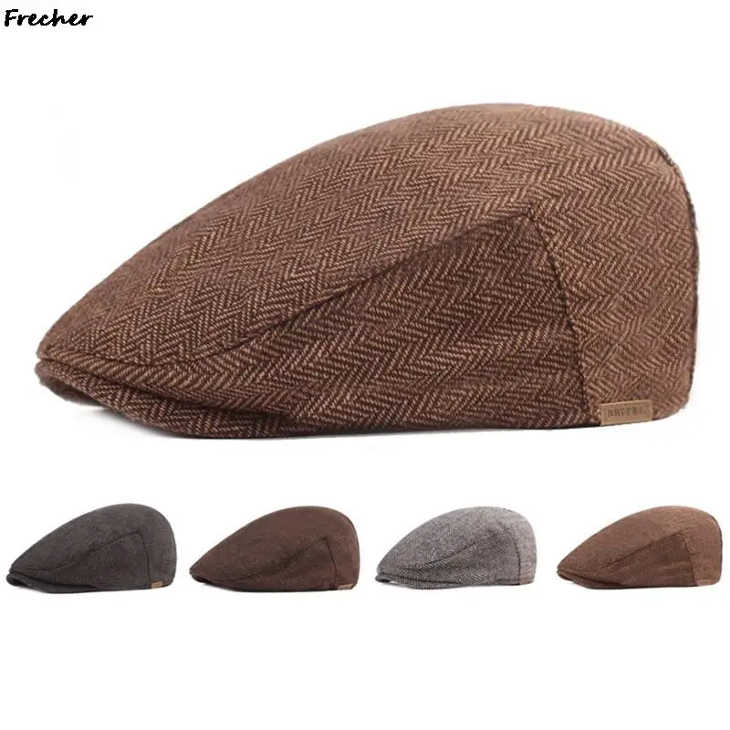 

2021 Autumn Winter Men Cap Hats Berets British Western Style Wool Advanced Flat Ivy Cap Classic Vintage Striped Beret Cap