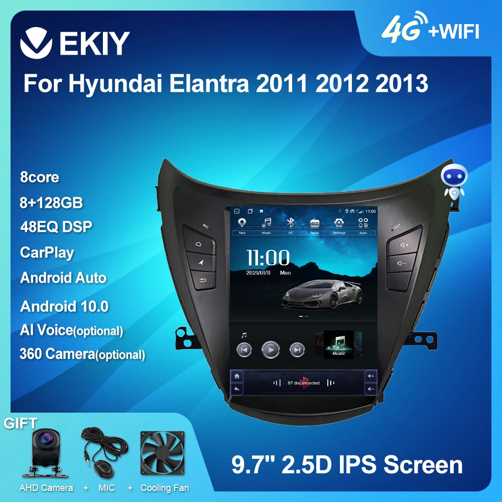 EKIY-Radio Multimedia con Android 10 para coche, Radio con 8 + 128G, Carplay, pantalla Tesla, grabadora de cinta, para Hyundai Elantra 2011-2013, 2014-2016