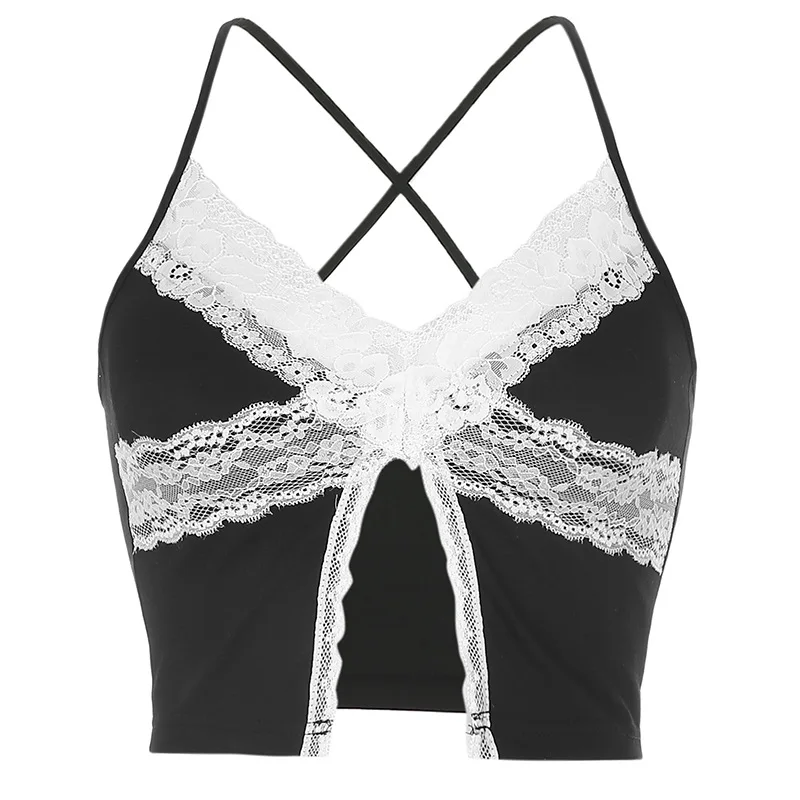

Fashion Bodycon Summer Women Tank Top Lace Y2k Sexy Sleeveless Pleated Patchwork Camis Transparant Mesh V-Neck Split Crop Top