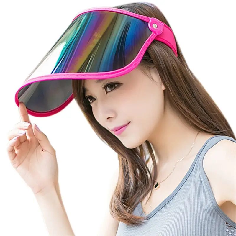 

Women Summer Empty Top Sun Visor Hat Rainbow Plastic Panel UV Protection Adjustable Angle Large Wide Brim Motorcycle Beach Cap