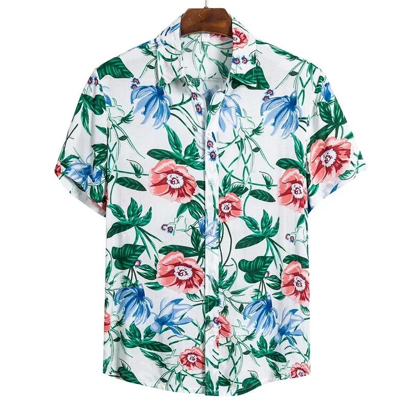 

Puimentiua Short Sleeve Shirt Men Summer Floral Loose Baggy Hawaii Holiday Beach Shirt Tee Tops Buttons Blouse National Style