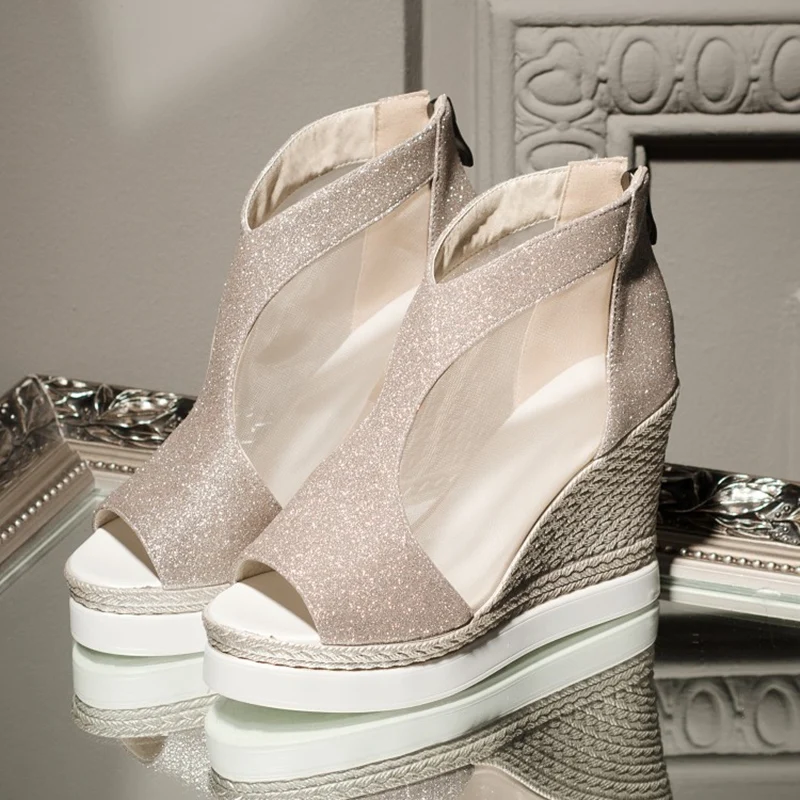 Босоножки женские сетчатые на танкетке элегантные туфли с открытым носком