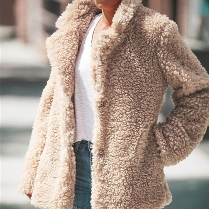 

Women Autumn Winter Loose Solid Color Lapel Casual Pocket Long Sleeve Warm Cashmere Wool Coat Hot