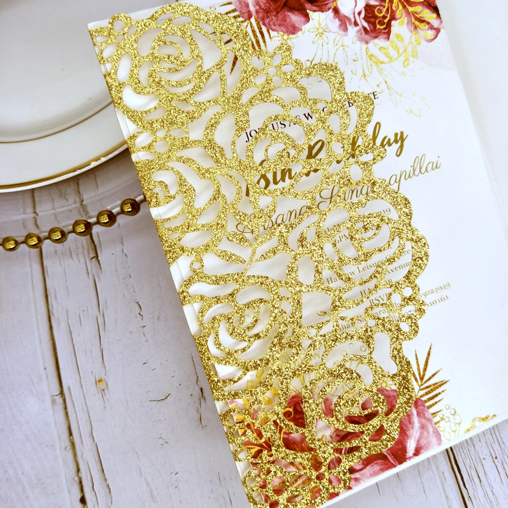 50X блестящие свадебные приглашения золотые посыпать персонализированные печати
