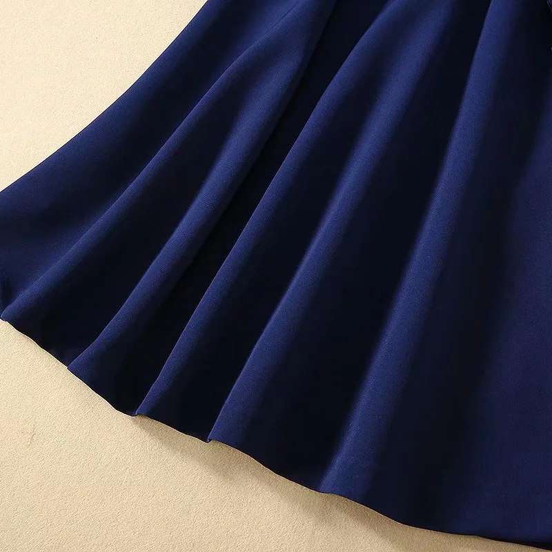 

Fashion 2021 Spring Blue Dress High Quality Women O-Neck Buckle Belt Patchwork Long Sleeve Knee-Length Party Robe Femme Dress OL