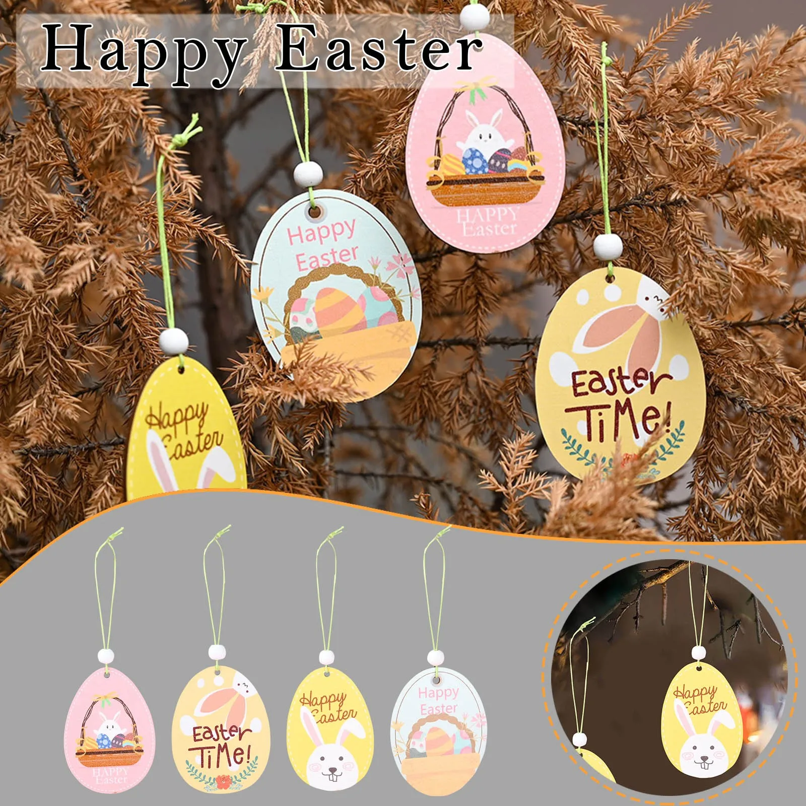

4Pcs Easter Eggs Rabbit Wooden Pendants Easter Decoration Bunny Chick Hanging Ornaments Spring Easter Party Decoration Wielkanoc