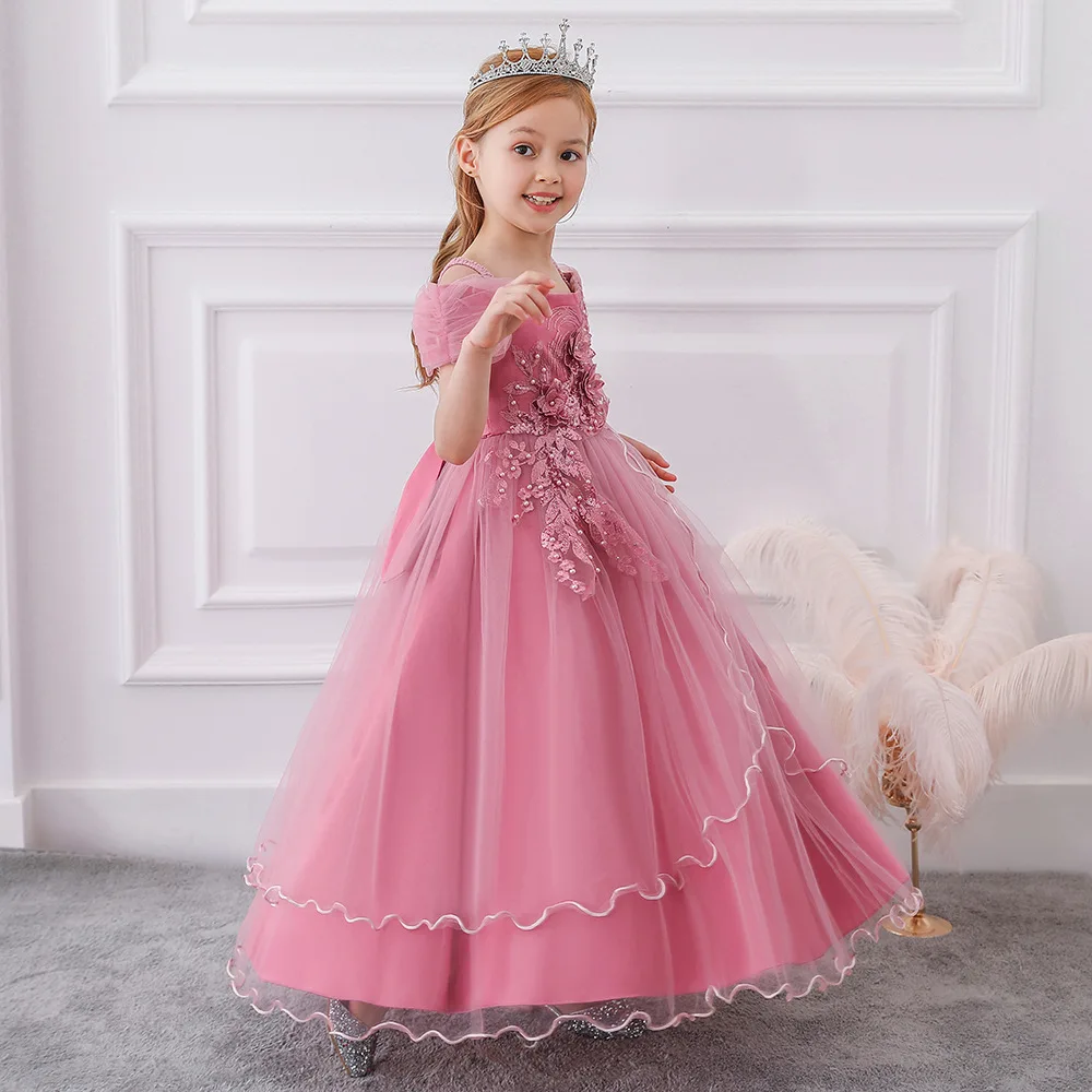 high quality children's evening dress strapless elegant princess flower girl wedding applique beaded sequin | Детская одежда и