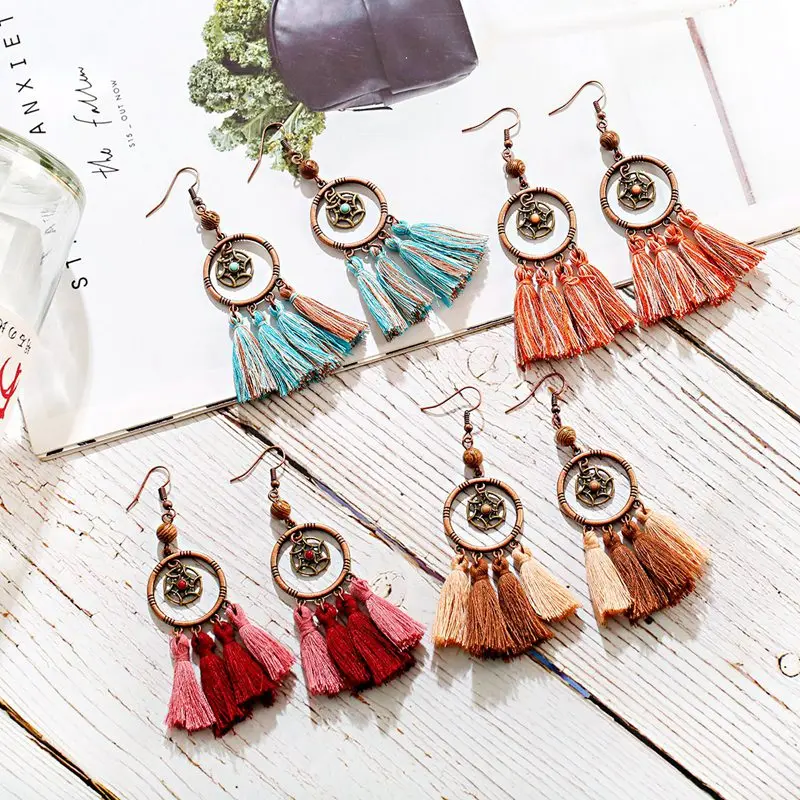 

2020 Summer Tassel Jhumka Earrings For Women Round Alloy Drop Earrings Boho Dangle Earrings Pendiente