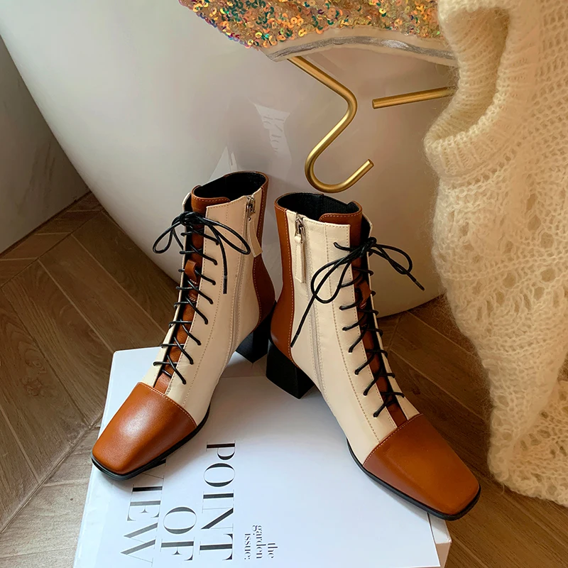 

Meotina Short Boots Women Shoes Genuine Leather High Heel Ladies Boots Square Toe Zip Lace Up Thick Heels Ankle Boots Brown 40