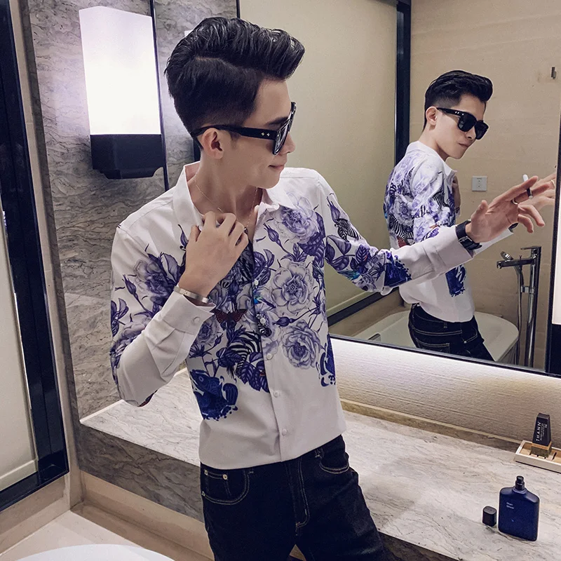Camisa Masculina цифровой принт мужские рубашки с длинным рукавом Осень мужские рубашки с цветочным узором повседневные приталенные рубашки для ночного клуба homme 3XL