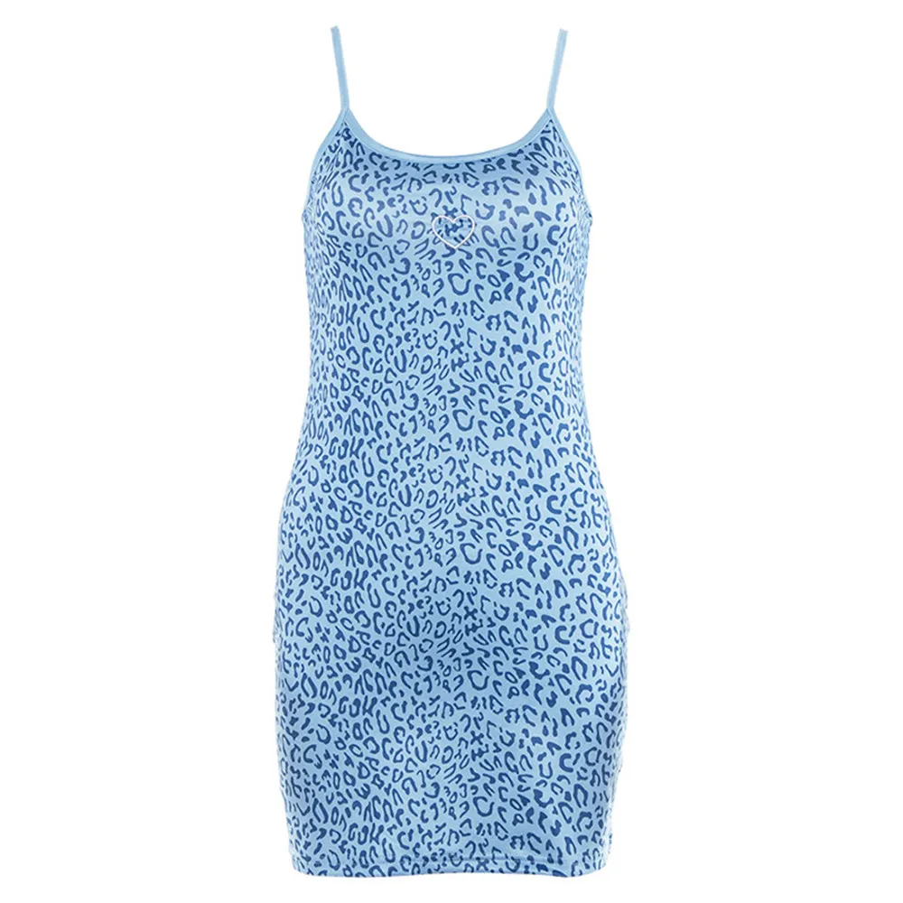 

Women's Blue Leopard Basic Slim Spaghetti Strap Mini Dress Lady Casual Bodycon Short Dress Straped Backless A-line Chic Dress