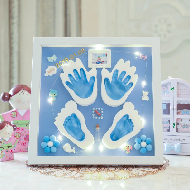 Plastilina con estampado de manos y pies para beb&eacute;, marco de fotos de beb&eacute; con luz LED, arcilla de colores, recuerdo para reci&eacute;n nacido-1