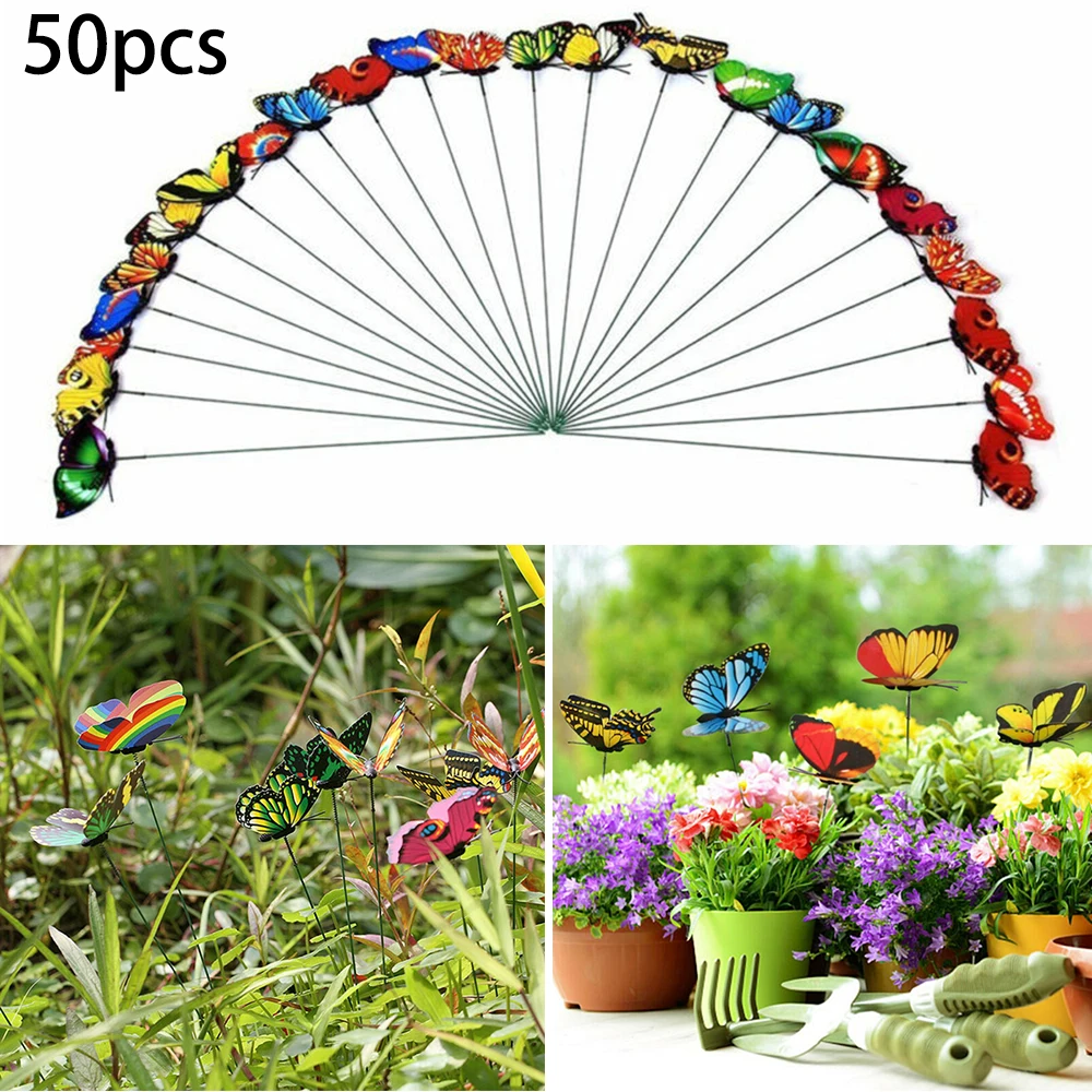 Estacas de mariposas de colores para jardín, maceta para flor, cama, decoración artística de jardín, 25x4cm, 50 Uds.