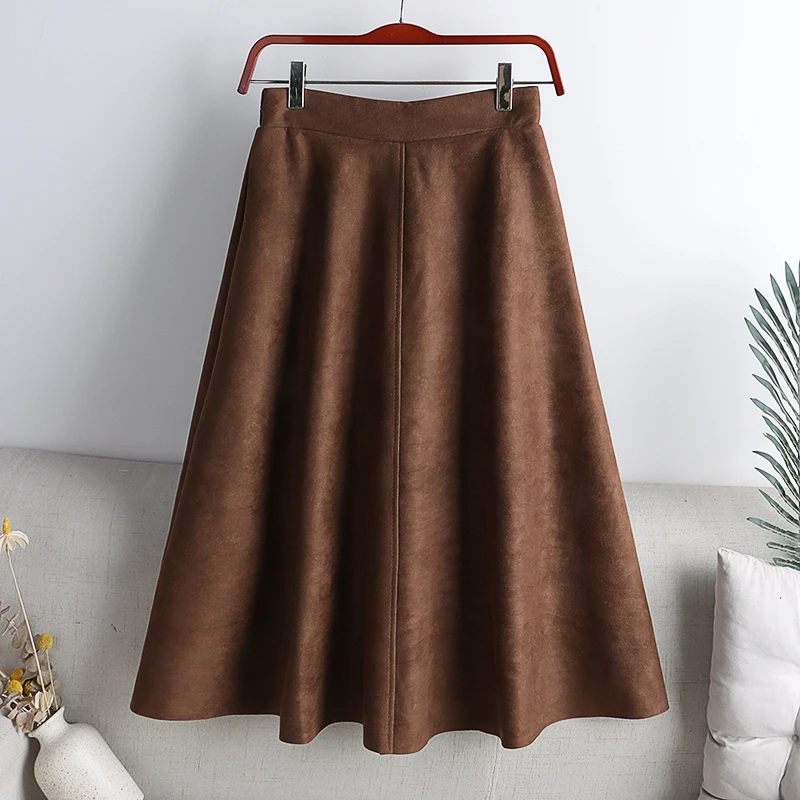 

TIGENA Suede Skirt for Women 2021 Autumn Winter Casual Solid Faux Leather A Line High Waist Knee Length Skirt Female Brown