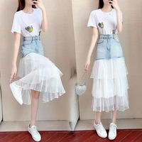 skirt suit women 2021 new summer clothes foreign embroidered t shirt denim stitching mesh skirt two piece a line skirt