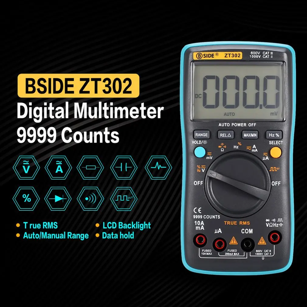 

Цифровой мультиметр BSIDE ZT302, 9999 отсчетов, True RMS, переменный/постоянный ток, вольт, усилитель, Ом, емкость, частота, рабочий цикл, тестер непреры...