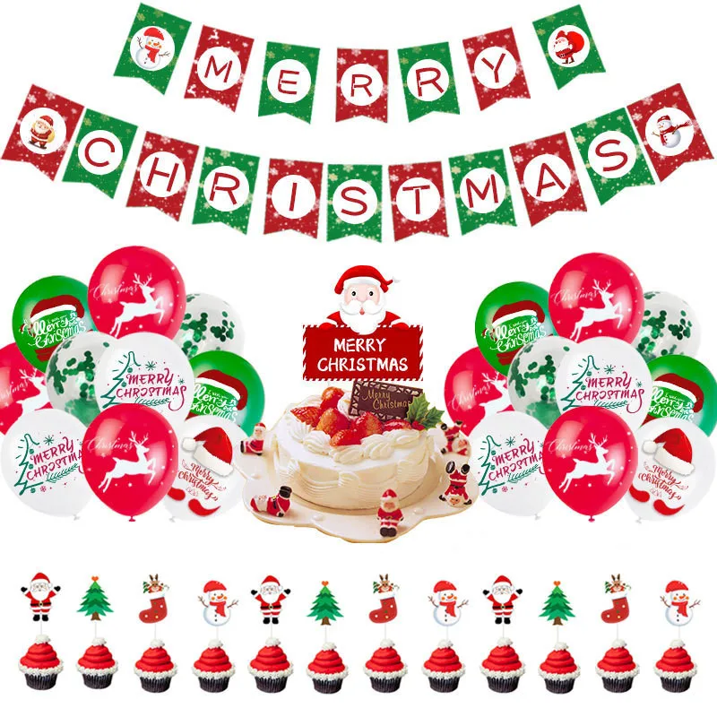 

New Year Christmas Balloon Set with Flag Cartoon Animal Pattern Santa Claus Letters Party Decoration
