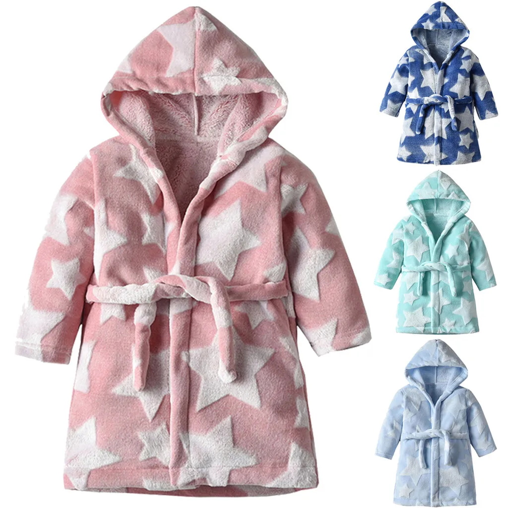 Toddler Kids Boys Girls Flannel Bathrobes Robes Towel Night-gown Sleepwear Star Hooded Children Kid Bath Robes Pajamas Sleepwear