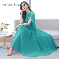 2021 summer new arrival bohemian style stand collar solid color short sleeve women chiffon long dress m 4xl