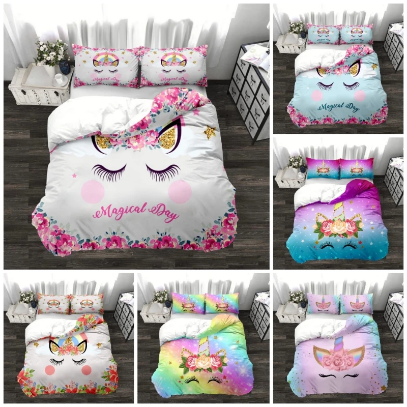 

2021Hot style 3D digital unicorn printing Polyester bedding set 1duvet cover + 1/2pillowcases bed in a bag US/EU /AUsize