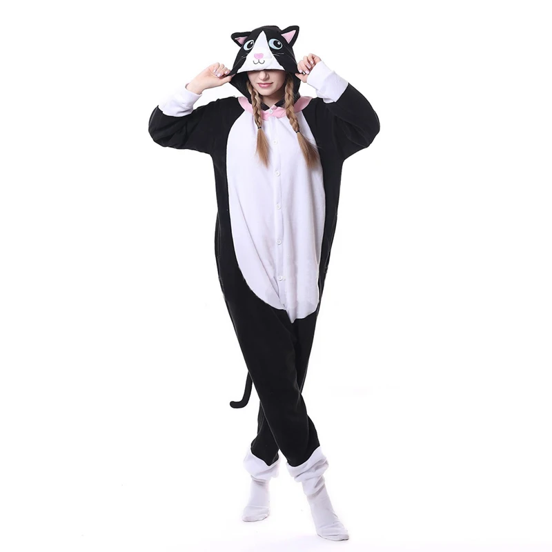 Animal Black Cat Kigurumis Onesie Women Girl DJ Kitty Matching Pajama Overall Adult Sleepwear Cartoon Carnival Jumpsuit Fantasia