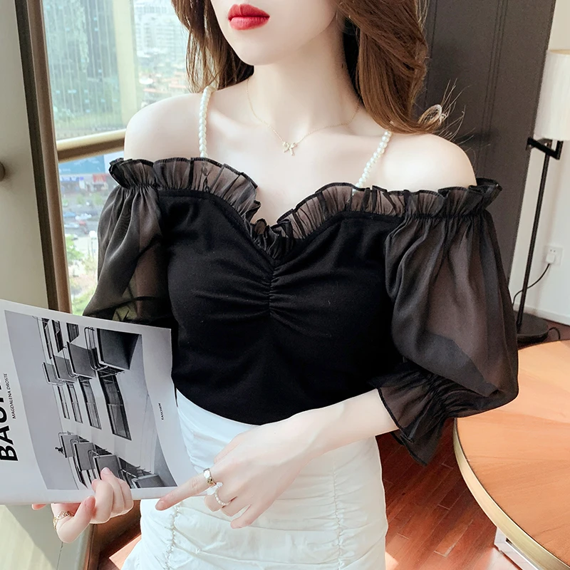 

Женская блузка Houthion, однотонные топы с вышивкой, рукава, воротник «одно слово», рубашка, модные блузки, корейский Повседневный новый летний ...