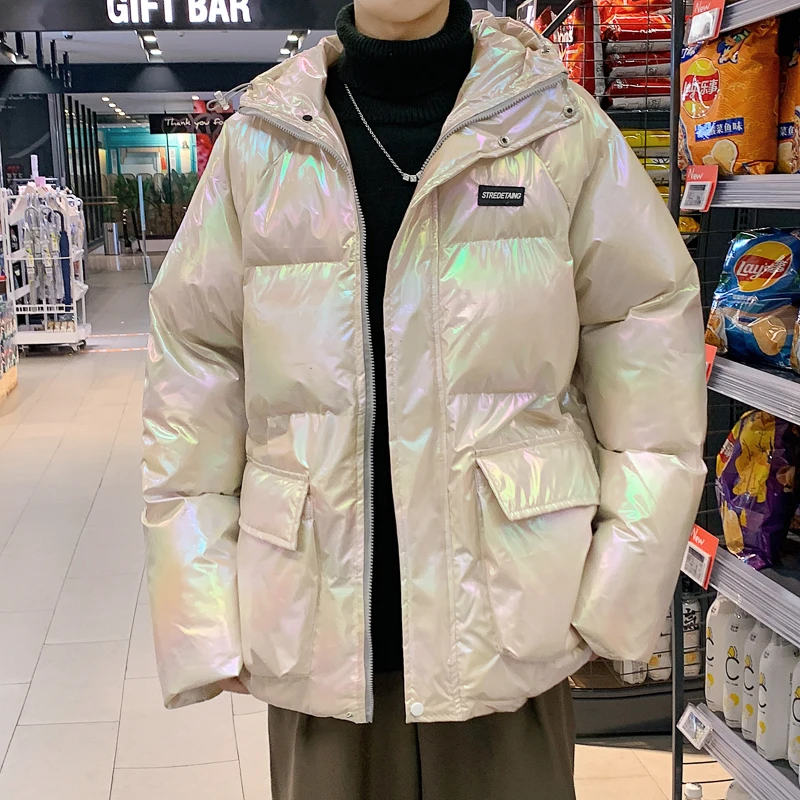 Hip Hop Oversized Mens Pu Leather Parkas Jacket Streetwear Harajuku Cotton Padded Warm Outwear