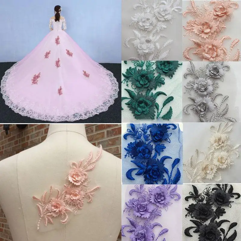 

3D Embroidery Flower Lace Bridal Applique Tulle Wedding Dress Veil Patches Accessories Charm Fashion 1PCS Lace Trim Dress