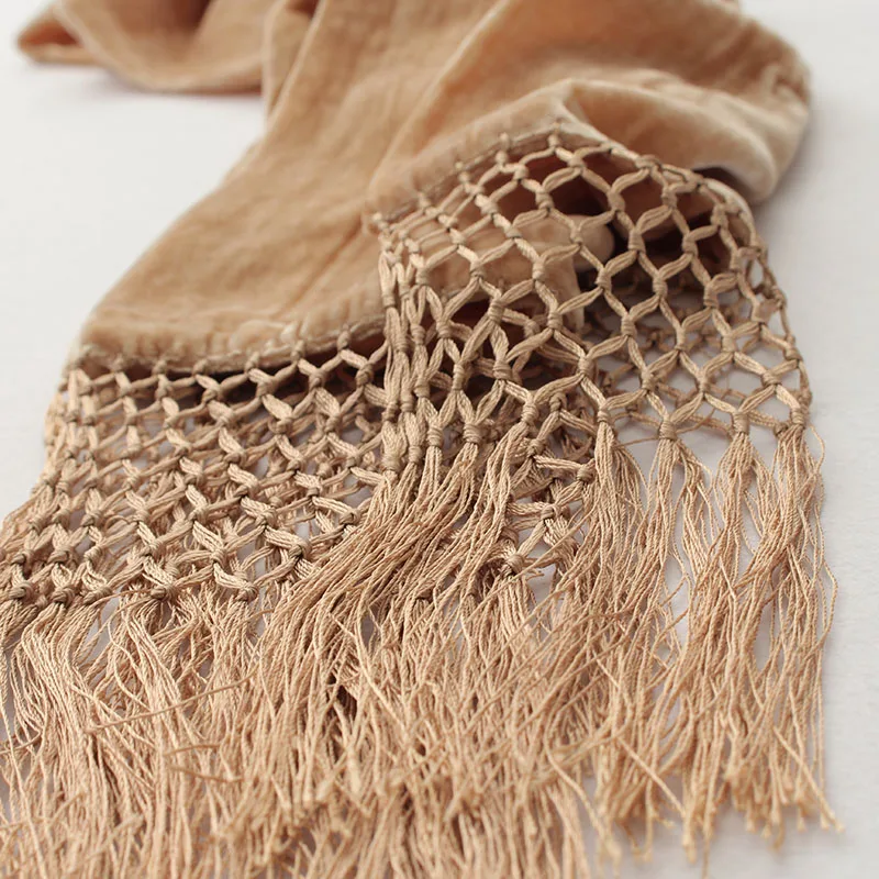 solid color 100% natural silk crinkled velvet scarves with tassel women winter warm soft scarf double-layer luxury high quality |