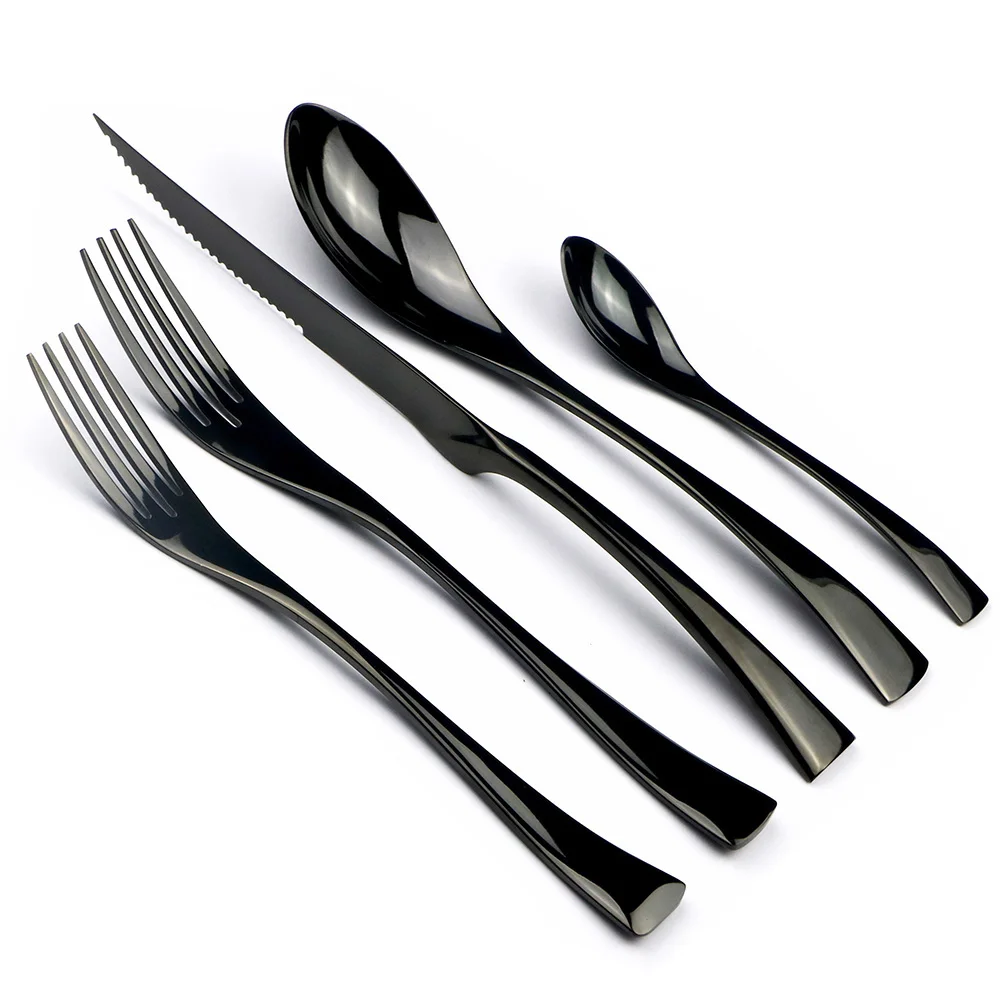 

JASHII 5Pcs Black Stainless Steel Dinnerware Plate Silverware Dinner Steak Knives Dessert Forks Teaspoon Tableware Cutlery Set