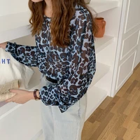 new korean style loose mid length tops 2021 sunscreen t shirts leopard print thin round neck long sleeved t shirt women summer