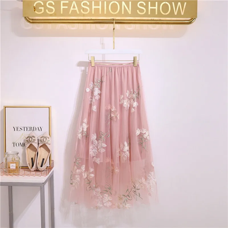 

Floral Embroidery A-line Tutu Lace Mesh Skirt Women Elegant Tulle Long Pleated Skirt Female Summer Midi Skirt Streetwear saia