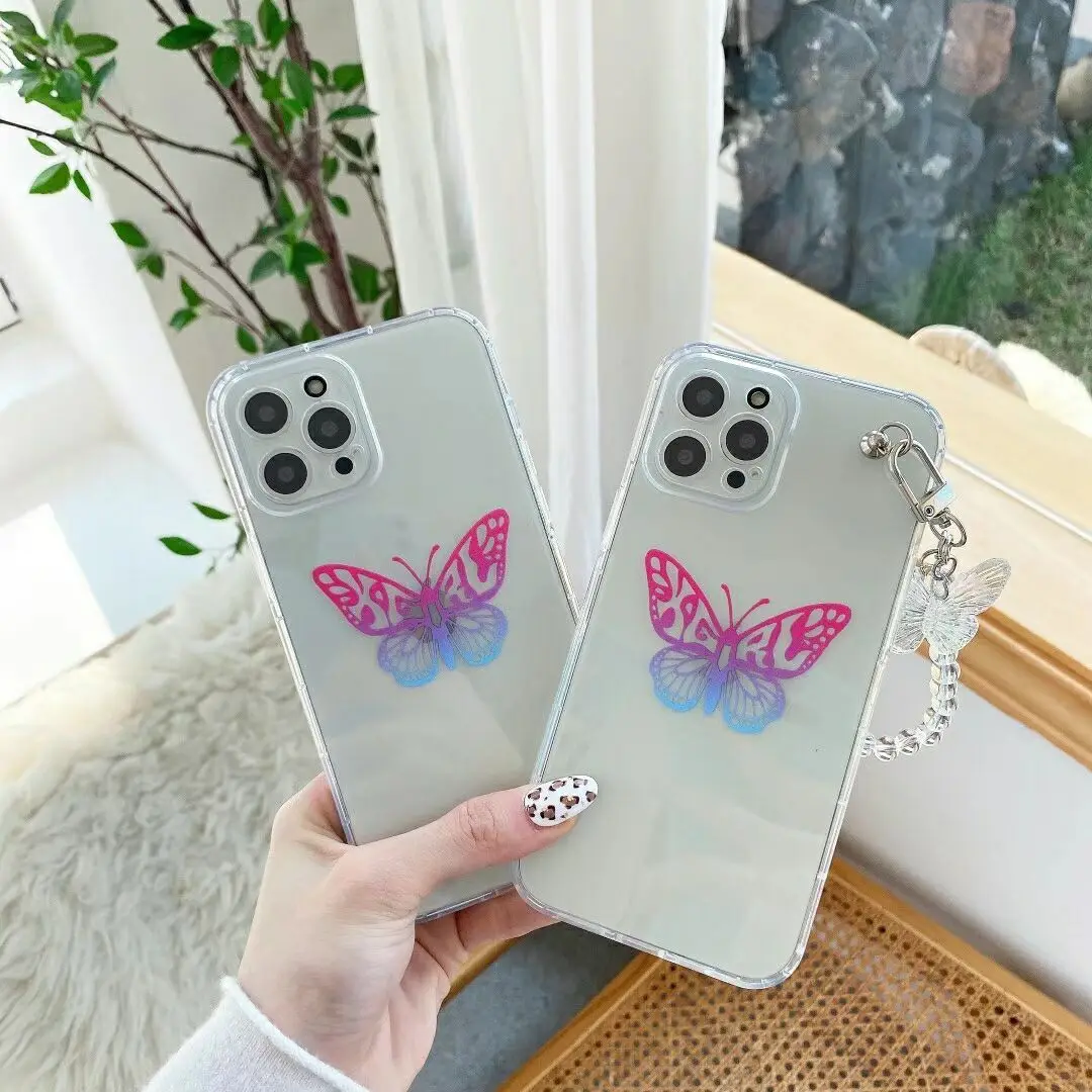 

Simple Butterfly Transparent Phone Case for Iphone 12 Pro Coque Soft TPU Case for Iphone 11 11promax XR X 7P Fundas with Chain