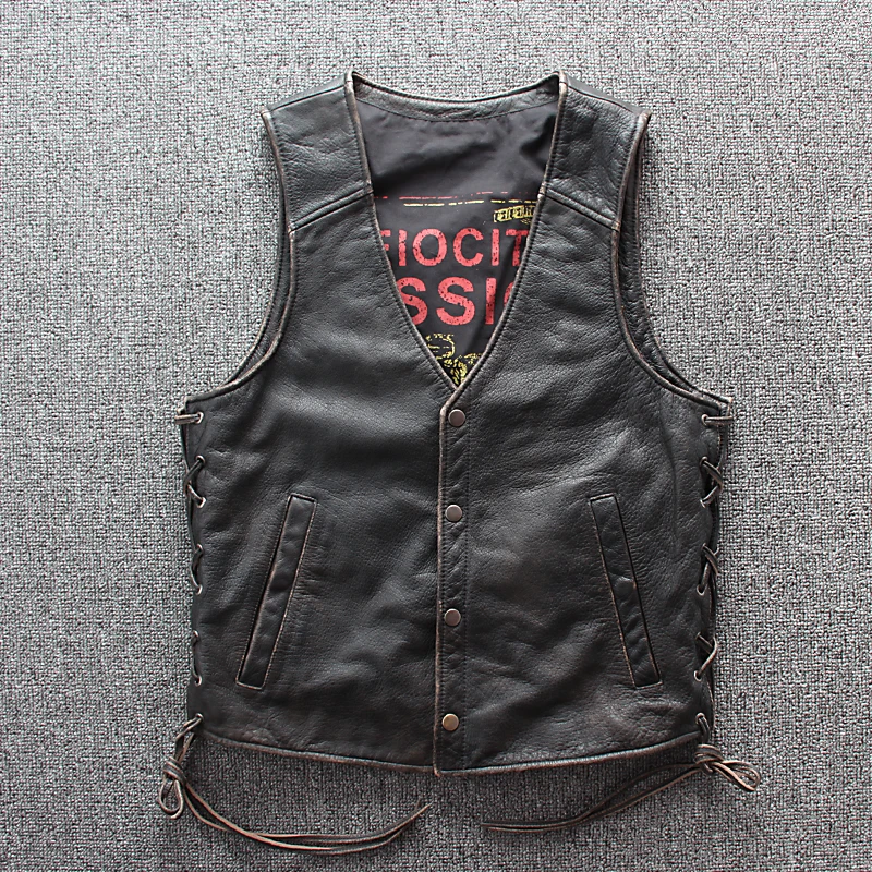 

Plus Size Cycling Wear Cow Skin Leather Vest Vintage Motorcycle Skull Leather Vest Black Color