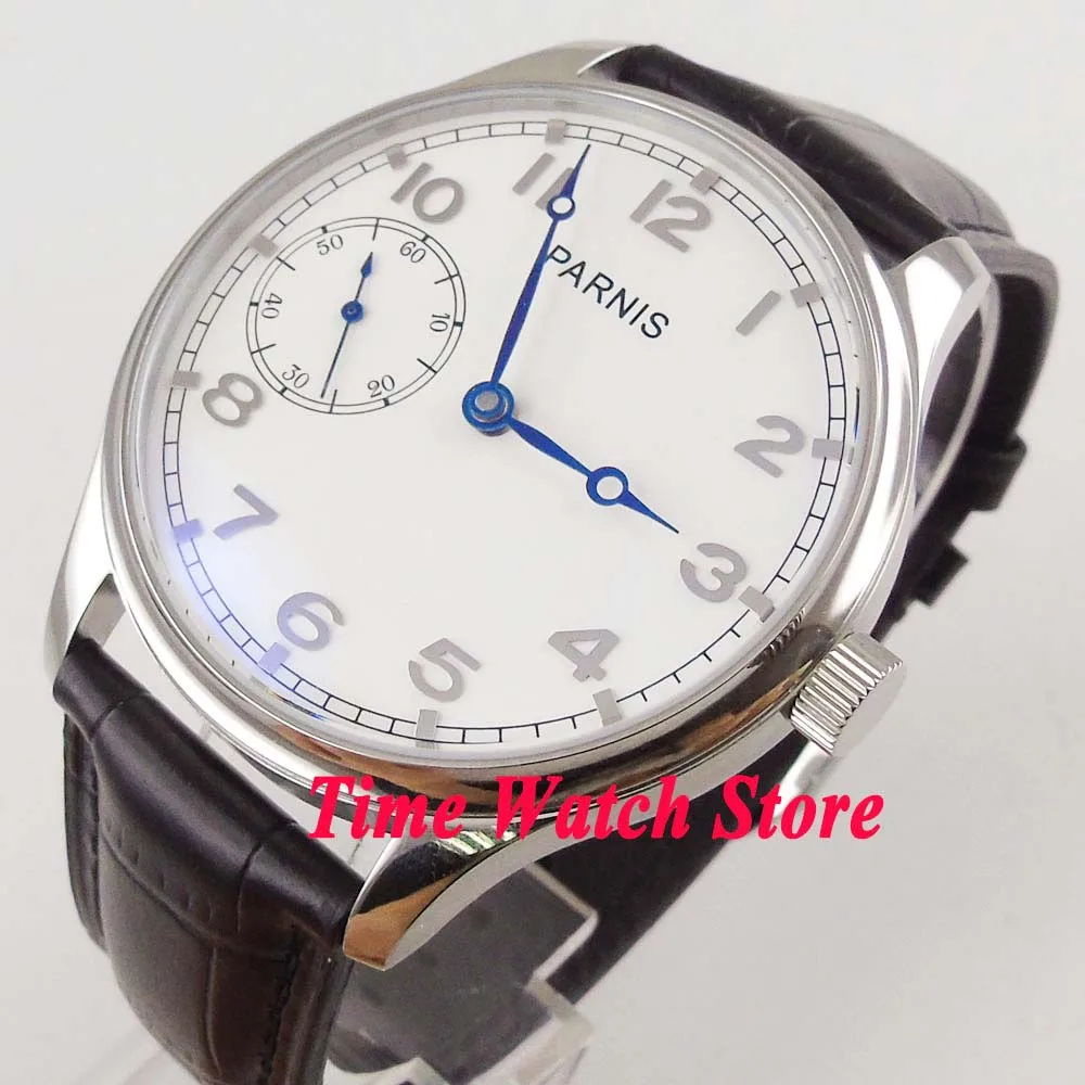 Мужские часы Parnis с кожаным ремешком 44 мм 17 драгоценностей 6497 белым циферблатом и