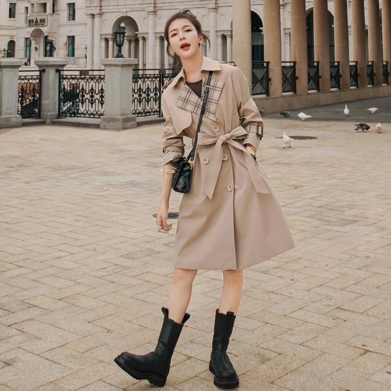 

Женский двубортный плащ в английском стиле, Длинная ветровка в клетку, верхняя одежда в стиле пэчворк, весна-осень